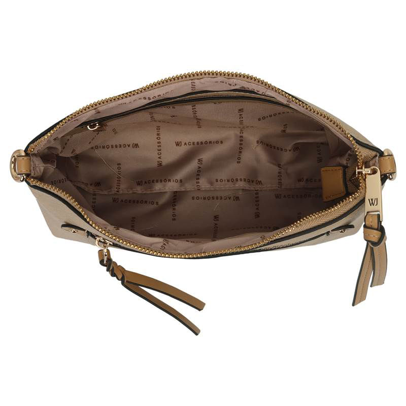 Interior da bolsa WJ aberto mostrando forro personalizado e bolso interno com zíper